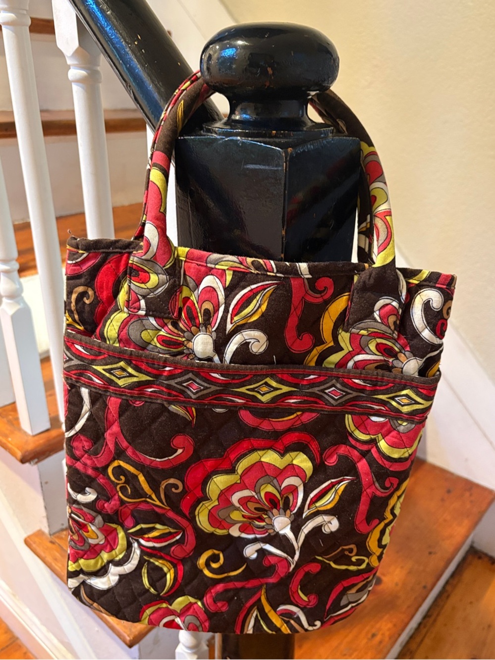 Vera Bradley Brown Quilted Tote with Red & Yellow Floral Motif